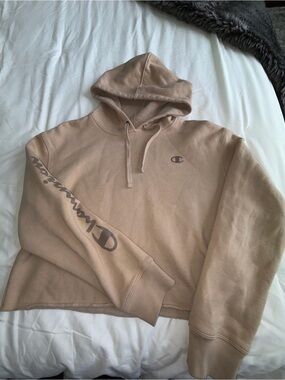 Champion Beige Cropped Logo Hoodie - Neutral Tan Pullover